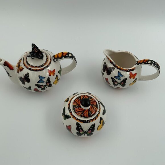 Vtg 2007 Paul Cardew Butterflies Teapot, Creamer, Sugar Bowl & Lid England - Picture 2 of 8